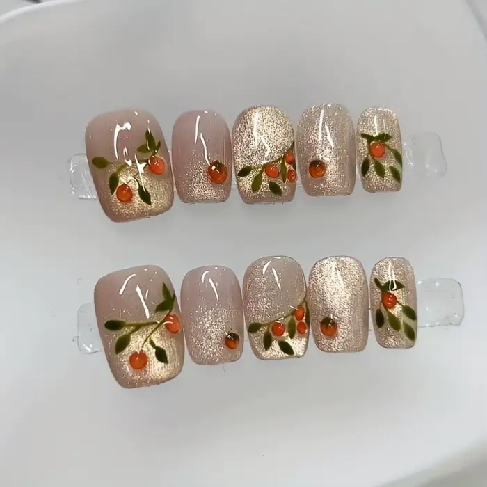 Nail art carré court pressé à la main, beaux faux ongles, nail art kaki à paillettes orange, adapté