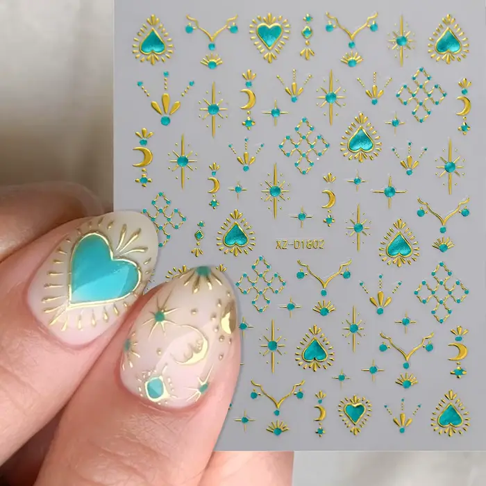 5D bleu gemme étoile soleil lune bronzant Nail Art autocollant métallique Style bohème or argent amo