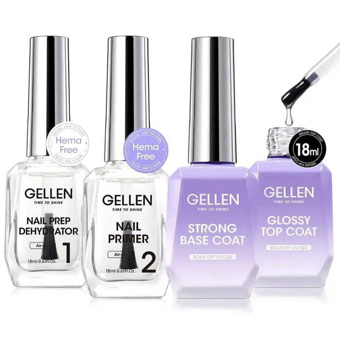 GELLEN Kit de Gel Professionnel pour Nail Art 18ml 4 Pièces Base Top Coat Transparent Renforçateur Vernis Soak Off Manucure DIY Longue Durée