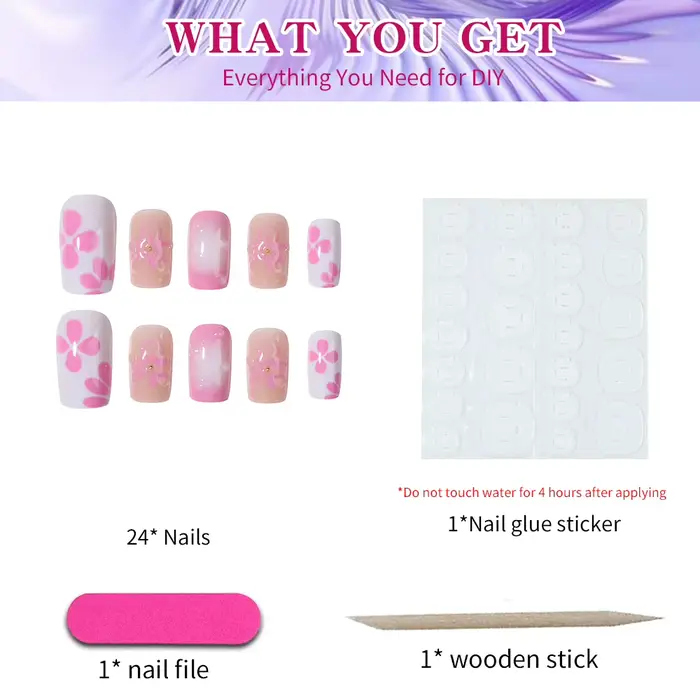 CS 3D gelnail fait des fleurs carrées pointe française presse sur les ongles ajustement moyen parfaitement acrylique
