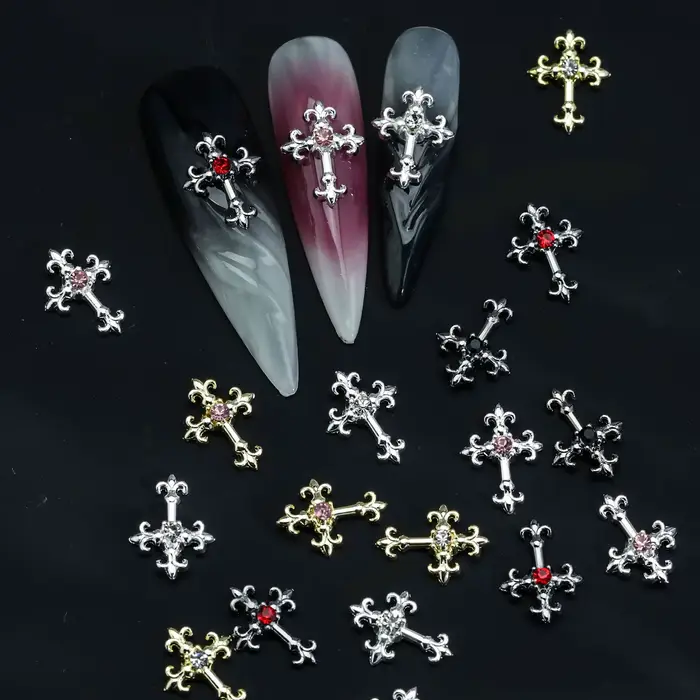 Strass en alliage rétro intégrés en zircon pour nail art, croix 3d Y2K, style gothique punk en métal