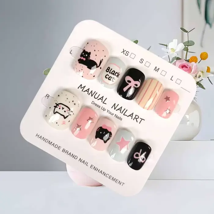 10 pièces Style coréen mignon dessin animé chat noir rose nœud papillon doux Cool dessiné à la main Patch pour ongles