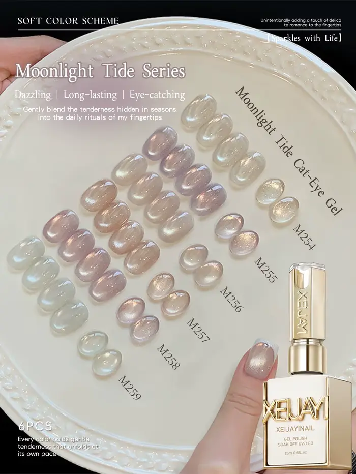 XEIJAYI Lot de 6 gels semi-permanents pour ongles effet œil de chat Moonlight Tide 15ml, pour salon