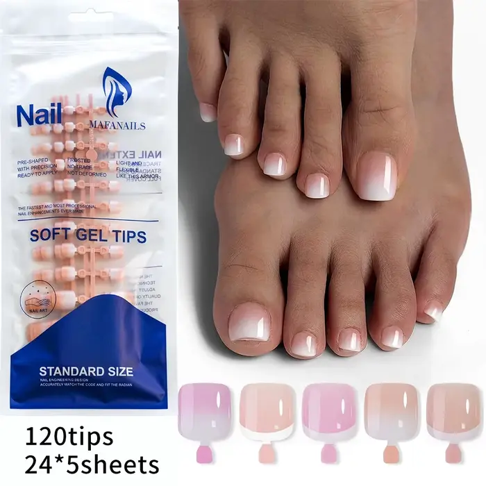 1 sachet de faux ongles de pieds carrés blancs et roses style français