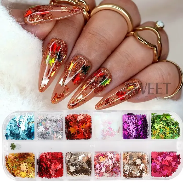 12 grilles miroir feuilles d'érable or Nail Art paillettes automne feuille Design bricolage charme bijoux