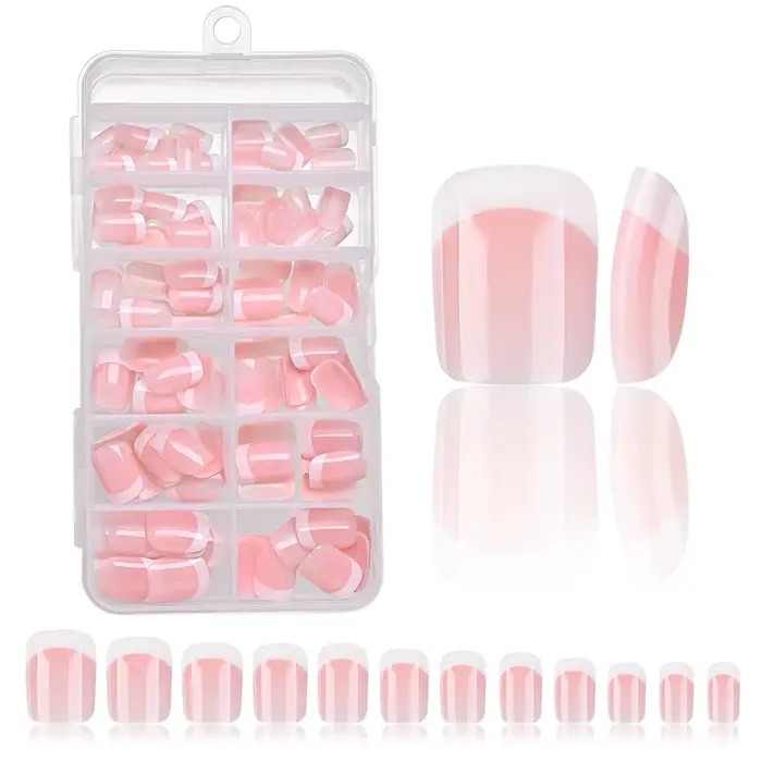 Faux ongles français à pression carrée courte rose, blanc brillant, couverture complète réutilisable