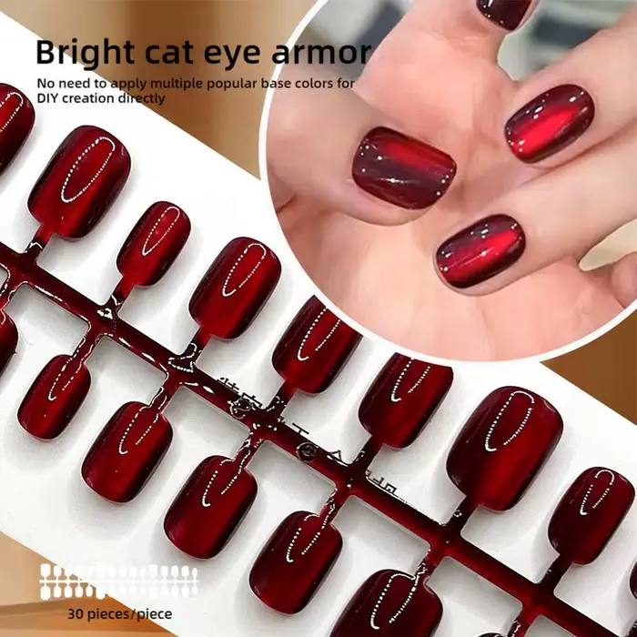 30 pièces brillant rouge oeil de chat presse sur ongles couverture complète couleur nue portable amande faux
