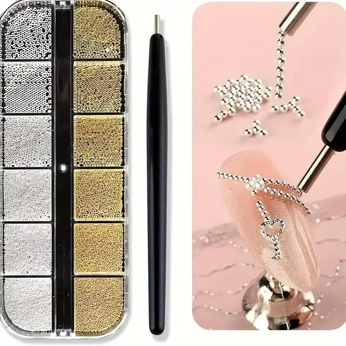 Mini perles de Caviar à 12 grilles, décorations pour Nail Art, Micro boule en métal or/argent, brelo