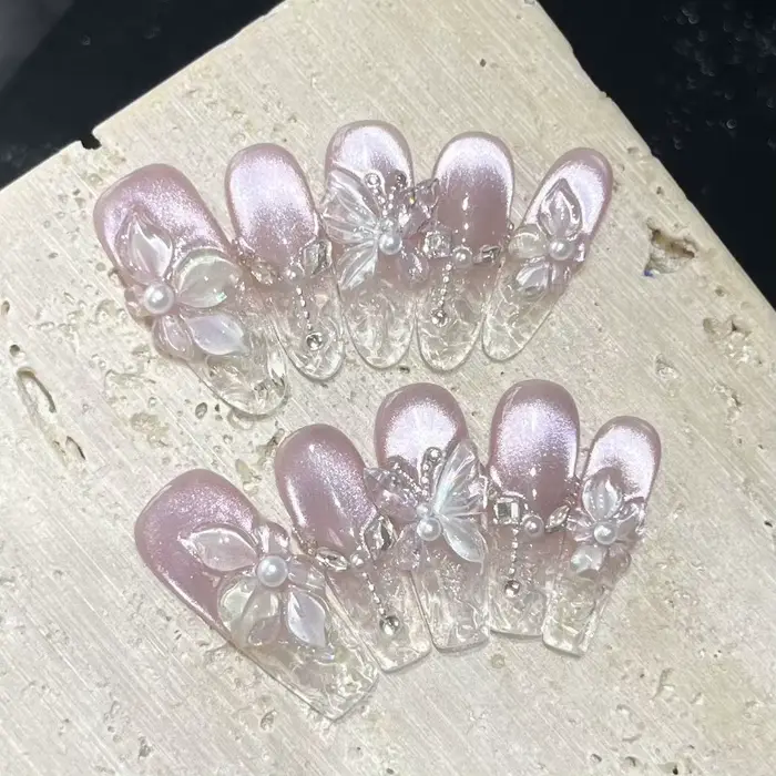 Faux ongles à presser faits main motif fleur de Bauhinia 3D printemps
