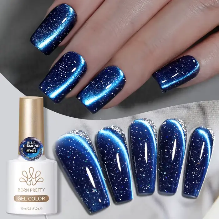 BORN PRETTY Vernis à ongles gel magnétique chat bleu pailleté 10 ml, ultra brillant, semi-permanent,