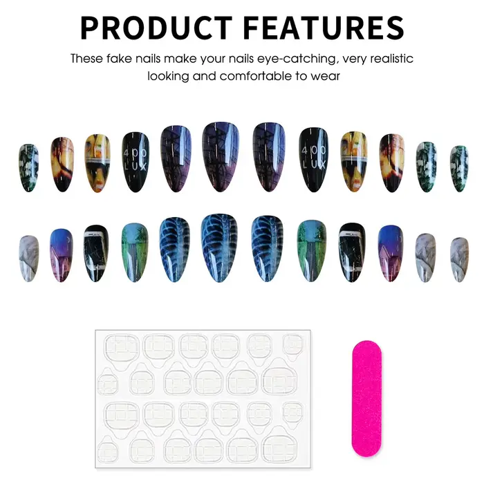 Faux ongles colorés avec fleur imprimée