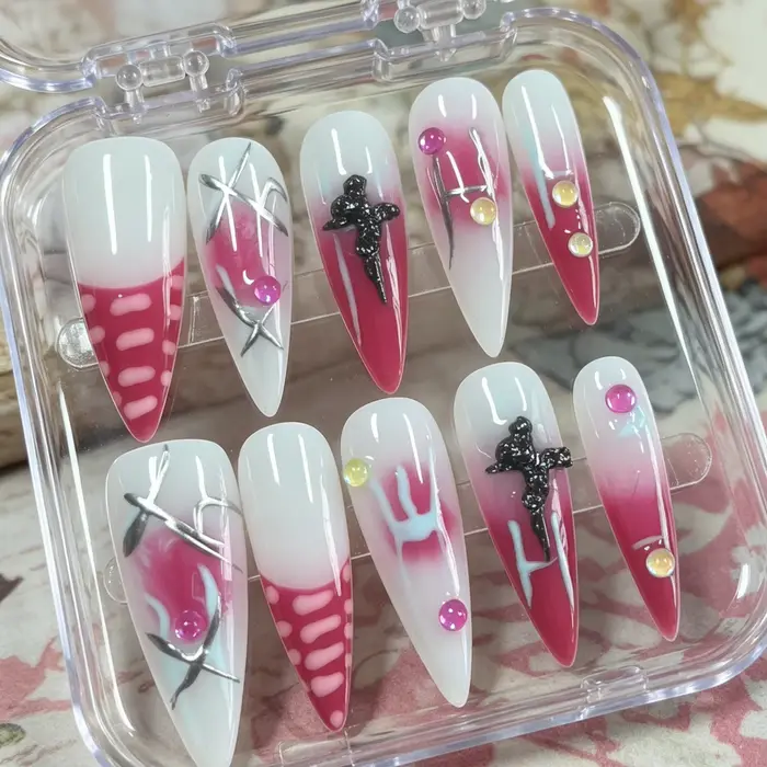 10 faux ongles en forme d'amande pressés à la main, magnifiques faux ongles, rose vif ombré avec acc