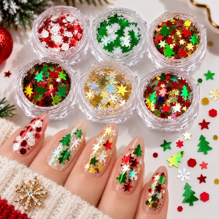 Décorations de Noël pour ongles : paillettes scintillantes, breloques, flocons de neige, étoiles, arbres, confettis, paillettes holographiques, flocons pour décoration d'ongles de Noël.