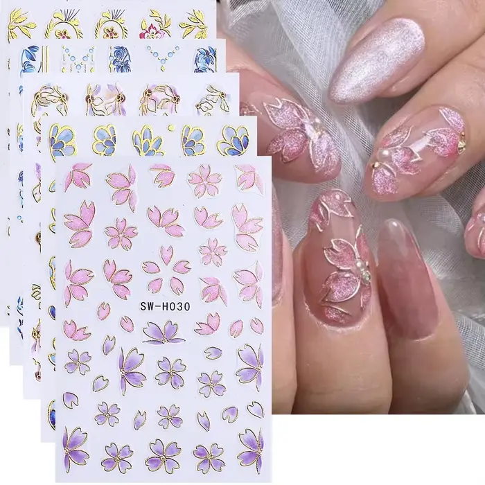 Autocollants pour ongles en forme de fleur, ligne dorée métallique, pétales de bordure bronzants 3D,
