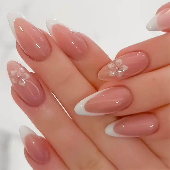 24 pièces couleur rose chair presse sur ongles amande blanc pointe française faux ongles fée fleur i