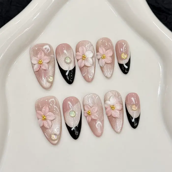 10 pièces 3D sculpture fleur de pêche presse sur ongles paillettes rose oeil de chat amande été à la