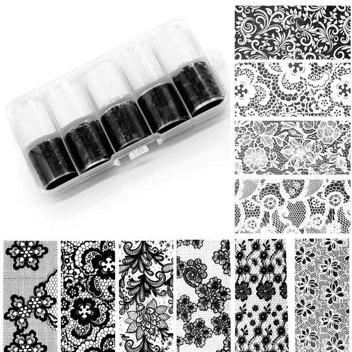 10 Rouleaux 2,5*50cm Nouvelle Feuille de Transfert Dentelle Noire et Blanche pour Nail Art, Adhésif 