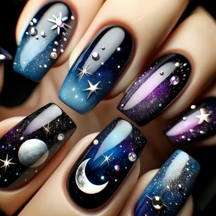 24 pièces ciel étoilé foudre motif presse sur ongles dégradé vert faux