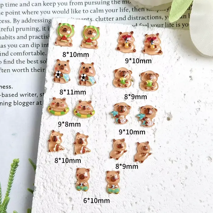 30 pièces roman réaliste marron Capybara résine ongles breloques 3D dessin animé mignon noix de coco dauphin cochon