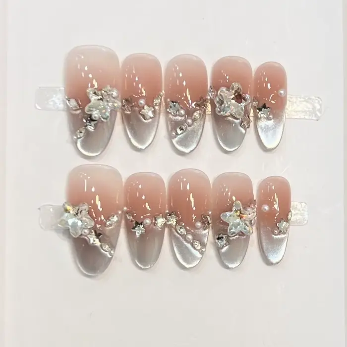 Faux ongles faits à la main, couverture complète, œil de chat doré, pointes à paillettes, tête ovale