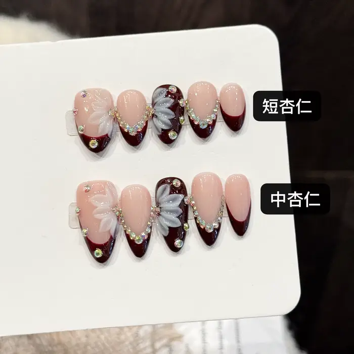 10 pièces à la main rouge profond français presse sur ongles strass conception courte amande faux