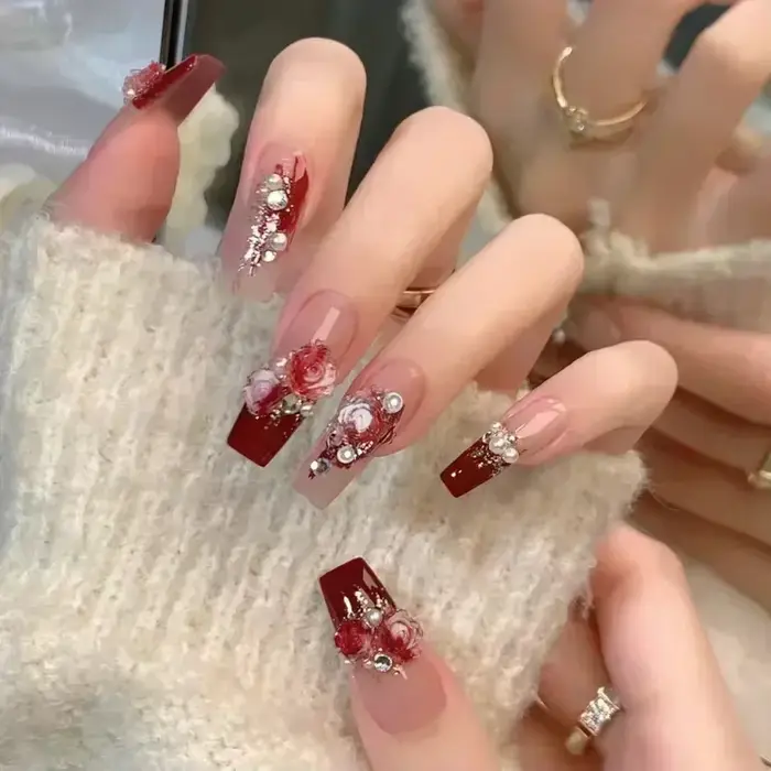 24 pièces Rose rouge faux ongles longue fleur Ballet presse