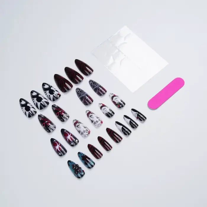 24 faux ongles amande style gothique et bande dessinée avec colle