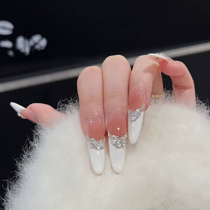 10 pièces blanc pur français presse sur ongles longue tête d'amande faux
