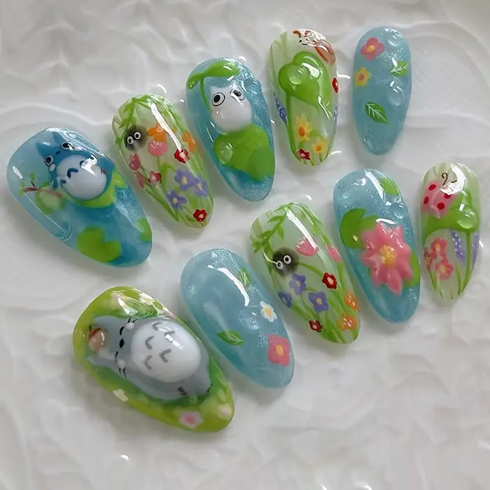 24 pièces frais vert amande faux ongles avec colle dessin animé modèles français mignon fleur presse