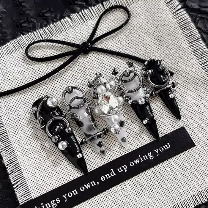 [GLOW] alliage mixte rétro cercle ongles Art breloques 3D Style Punk noir argent pièces d'ongle décoration