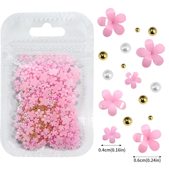 Décorations pour ongles en forme de fleur acrylique blanche 3D, mélange de perles dorées/pale, 5 g/s