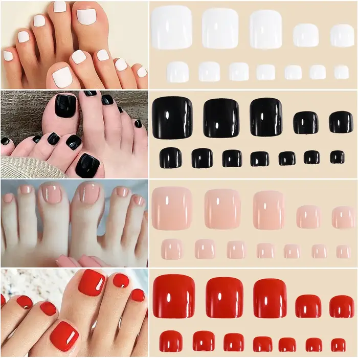 96 pièces/boîte français avec paillettes argentées faux ongles bleu/rouge couverture complète longueur moyenne carré