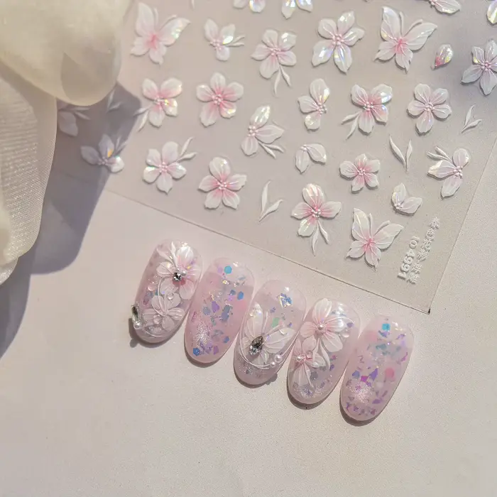 Autocollants pour ongles avec paysage printanier et ombres de fleurs
