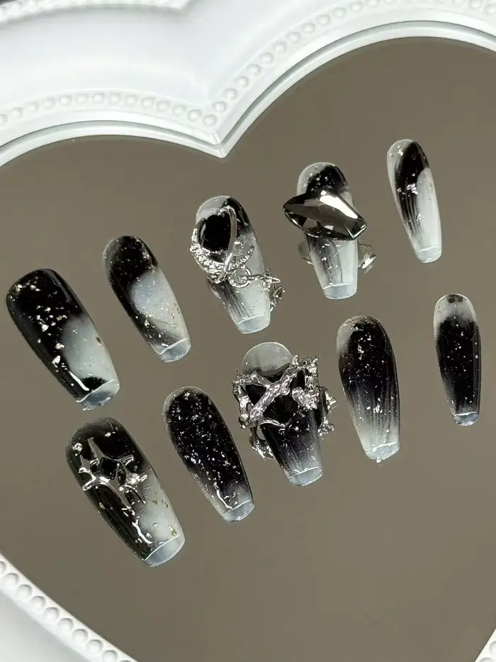 10 faux ongles longs trapézoïdaux de style punk