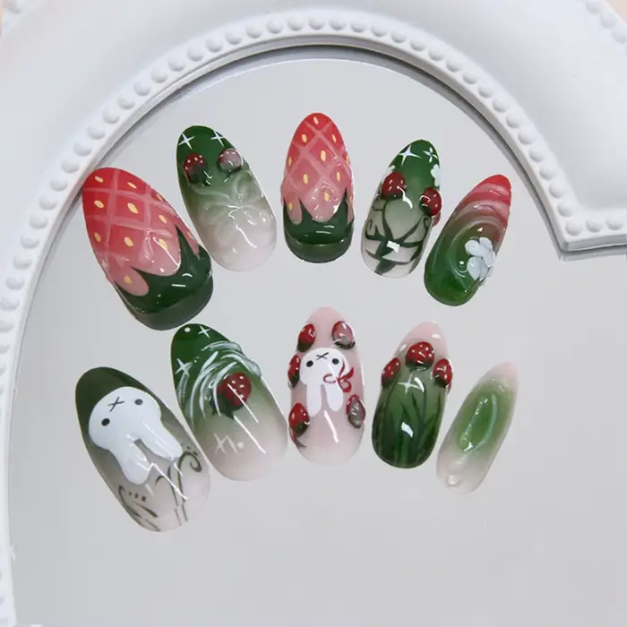 Y2K 24 pièces/paquet Faux ongles à presser motif fraise