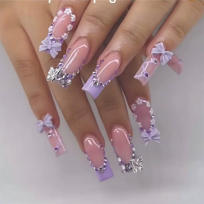 24 faux ongles nude roses avec nœuds 3D et fleurs, à presser, nouvelle collection 2026, style frança
