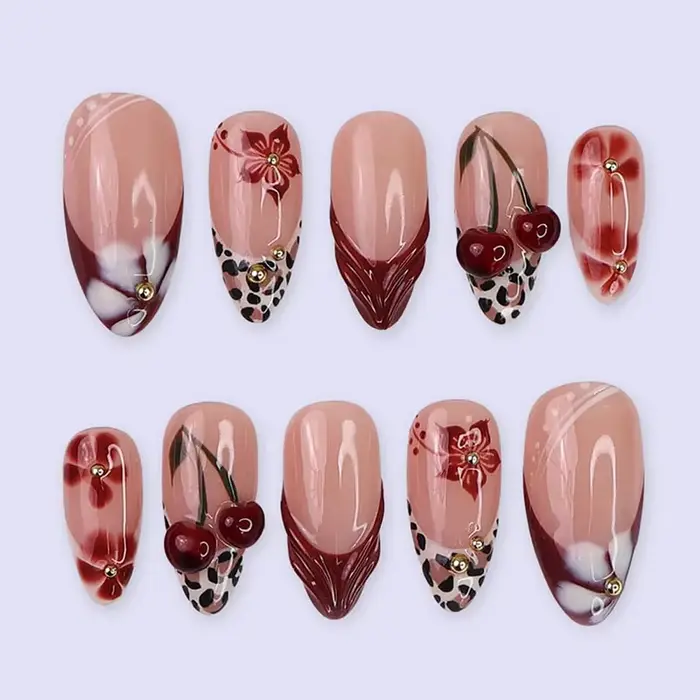 24 pièces imprimé léopard amande faux ongles à pression avec Mini fleur acrylique