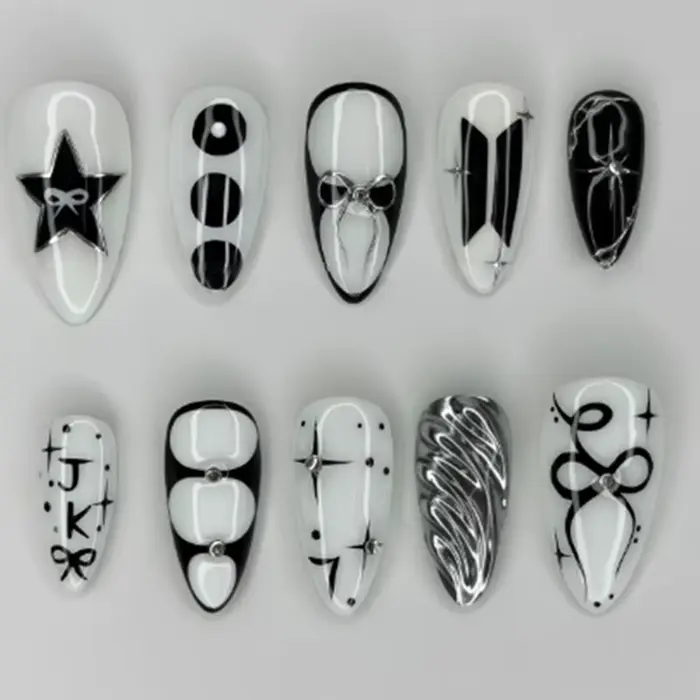 24 faux ongles amande style gothique et bande dessinée avec colle, fleurs rouge foncé, ongles frança