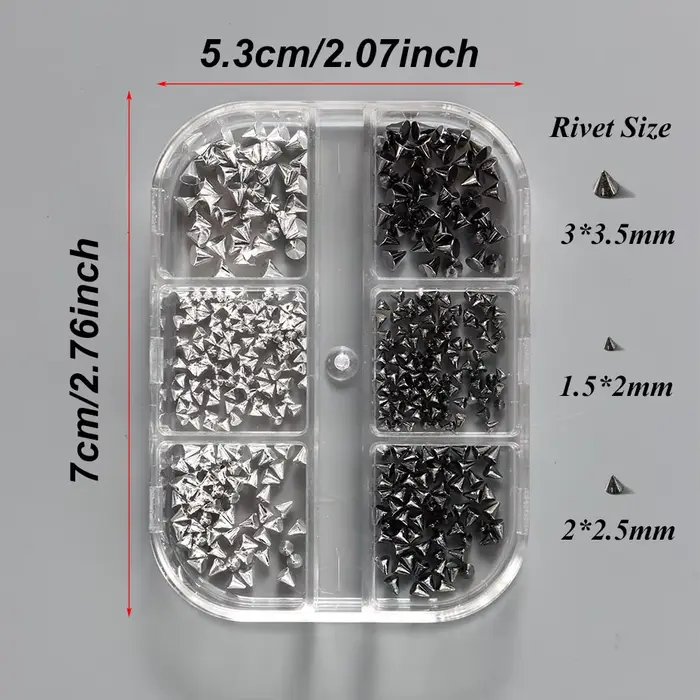 Breloques à Ongles en Forme de Cône D.lique, 6 Grilles, Noir, Argent, 1.5-3.5mm, Punk, Or, Rivet, Po