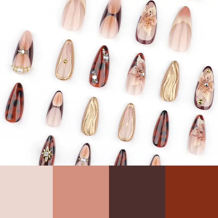 Faux ongles de luxe Maillard en amande à presser avec motif floral 3D et coquille, brillants et réutilisables, pour mariée