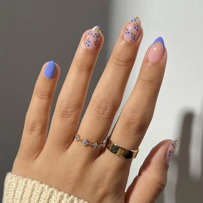 Faux ongles courts français amovibles à presser, motif bleu à pois jaunes, art des ongles 3D mûres e