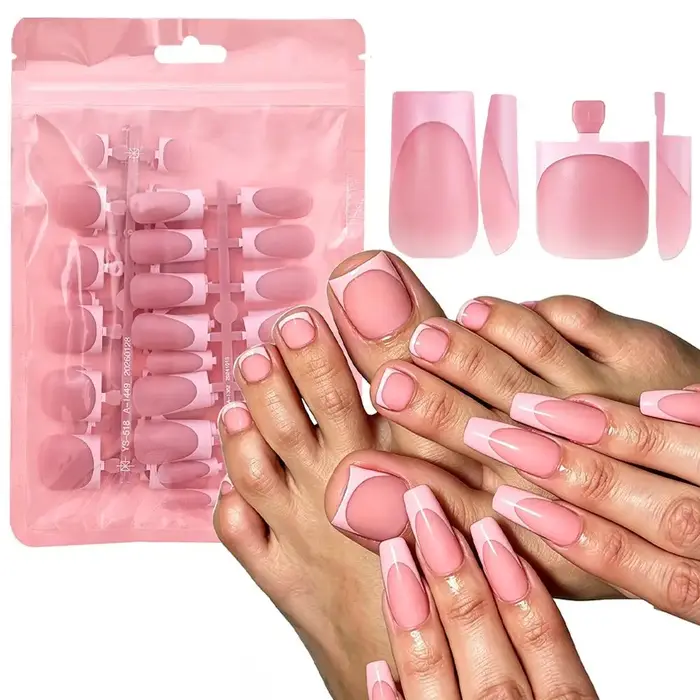 Ensemble de faux ongles d'été courts carrés mats givrés en acrylique pour manucure et pédicure française, couvrance totale pour salon de manucure