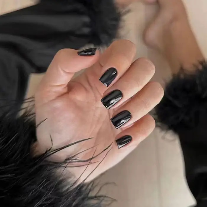 24 pièces noir carré presse sur ongles moyen longs faux ongles, 12 tailles ongles acryliques brillan