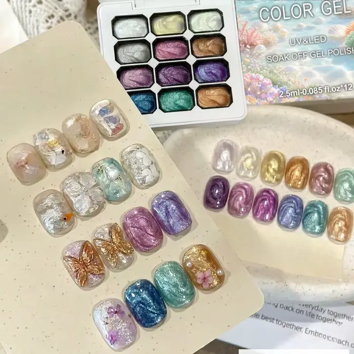 Nouvelle poudre féerique colorée pour nail art, 12 couleurs, crème estivale pour gel texturé, décora