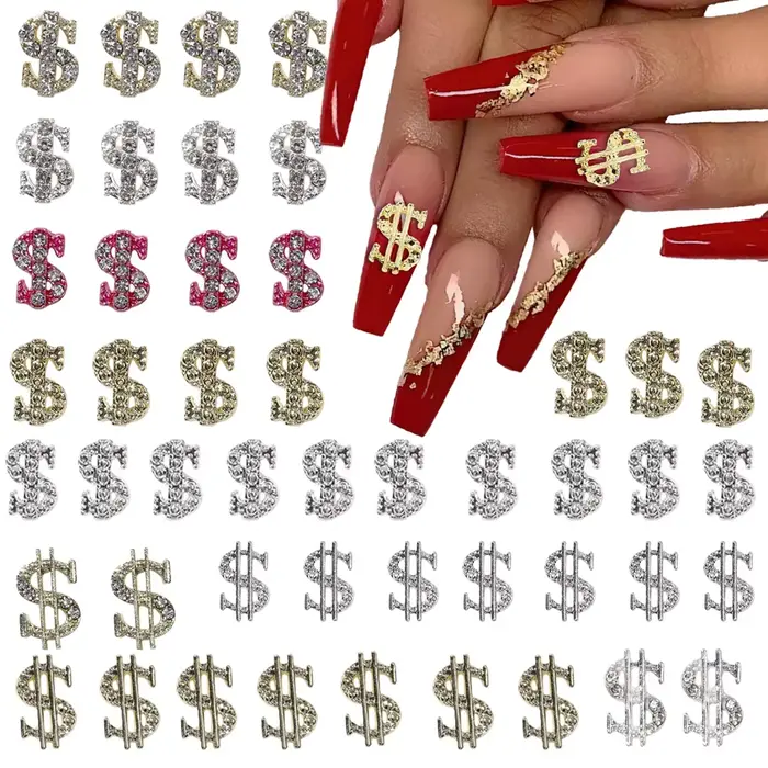 "45 pièces argent Dollar ongles breloques argent et or 3D alliage Dollar argent Nail Art breloques a