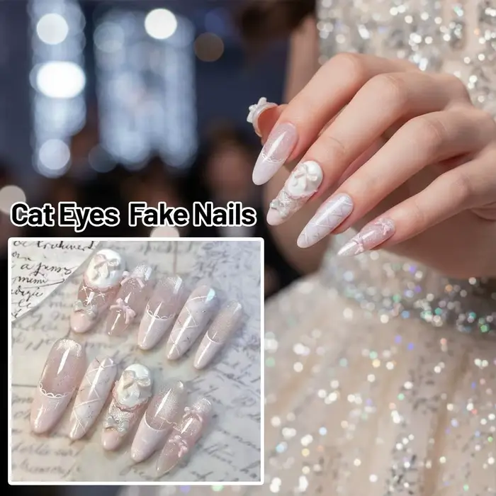 Faux ongles rose poudré avec nœud