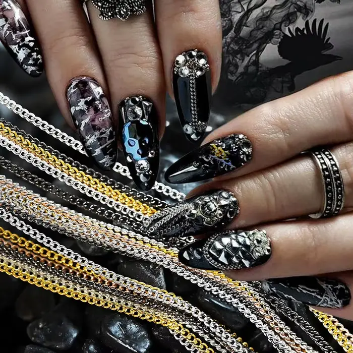 Chaînes de décoration en métal doré et argenté pour Nail Art, 100cm, 3D Punk, luxe, chaîne à paillet