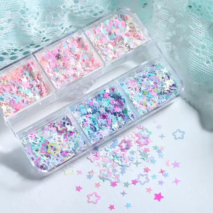 Accessoires pour ongles scintillants étoiles et lunes irisées