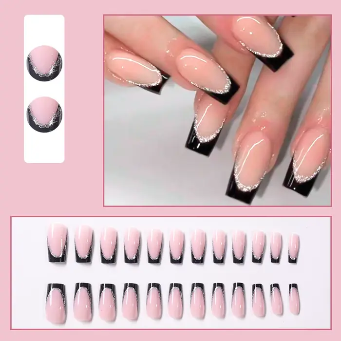 Faux ongles carrés moyens pour femmes et filles, style français noir et blanc avec bandes argentées 