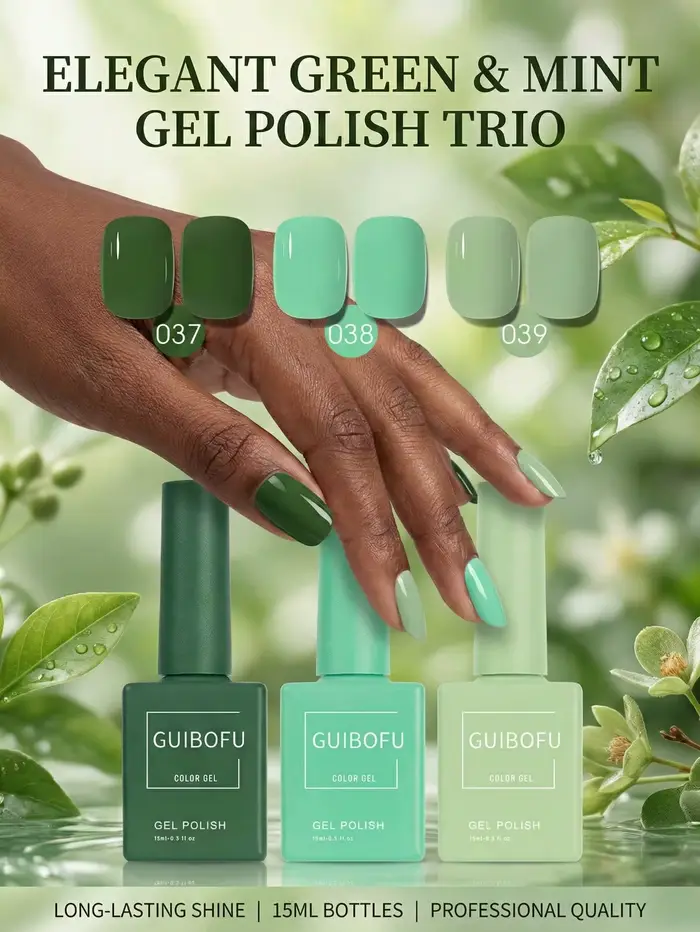 Lot de 3 vernis gel vert forêt 15 ml, couleur menthe émeraude foncée, nail art printanier naturel, v
